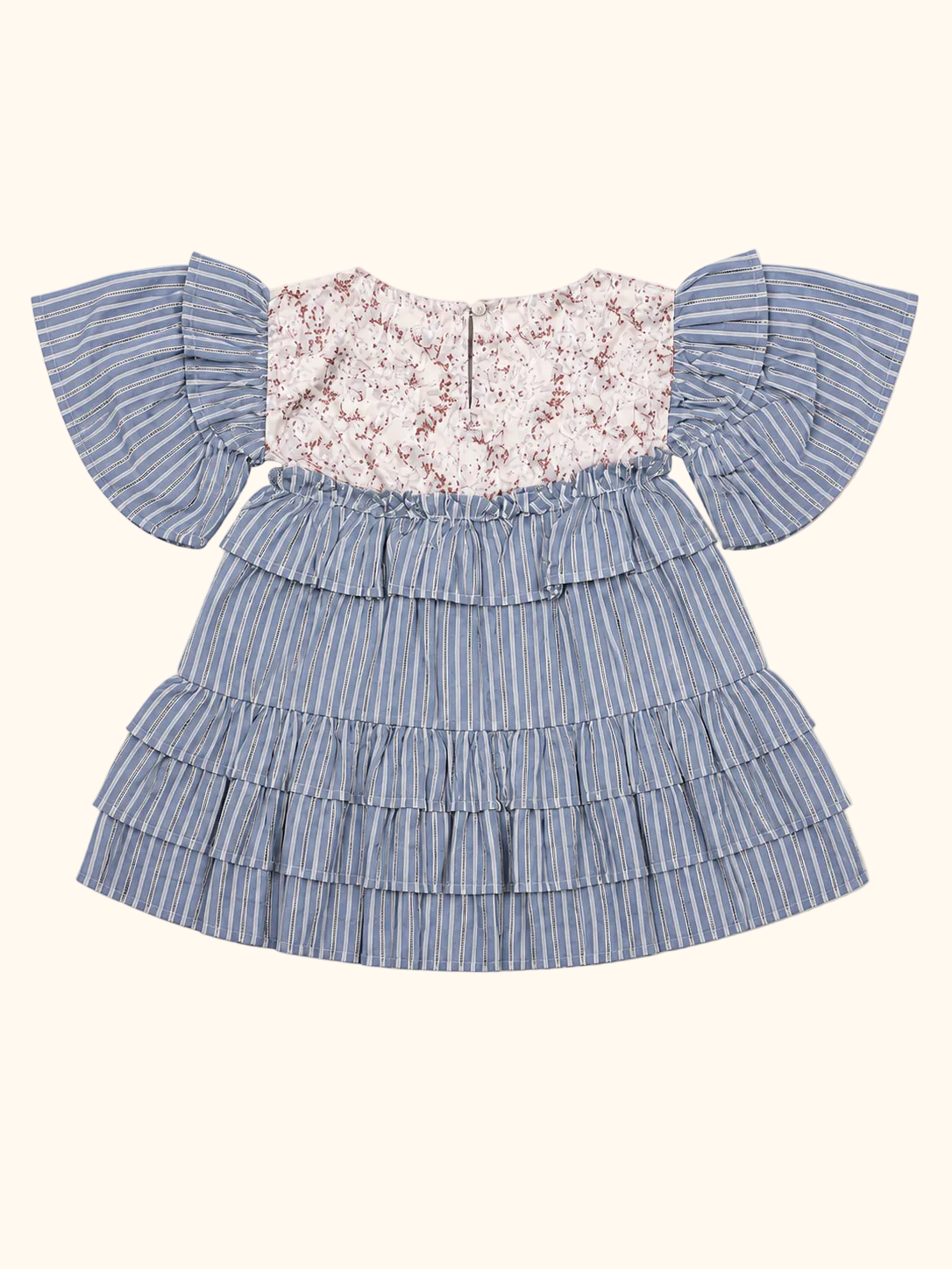 Charming Blue Striped Tiered Dress with Floral Yoke