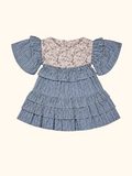 Charming Blue Striped Tiered Dress with Floral Yoke
