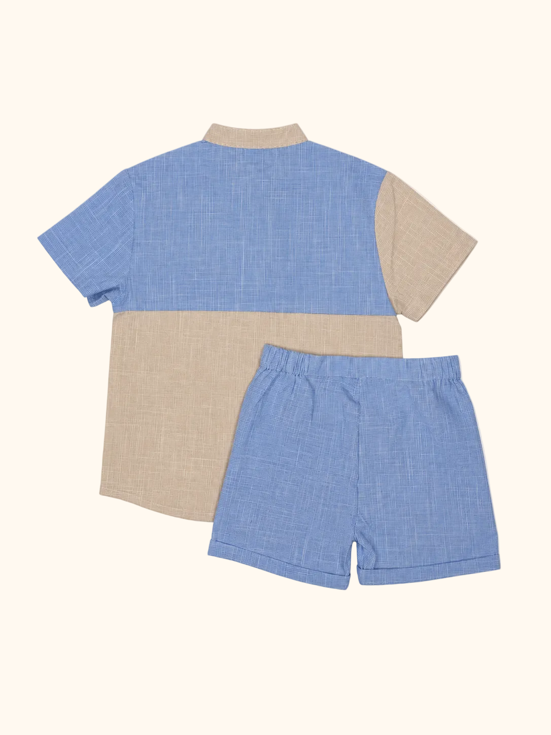 Blue & Beige Color-block Shirt & Shorts Set