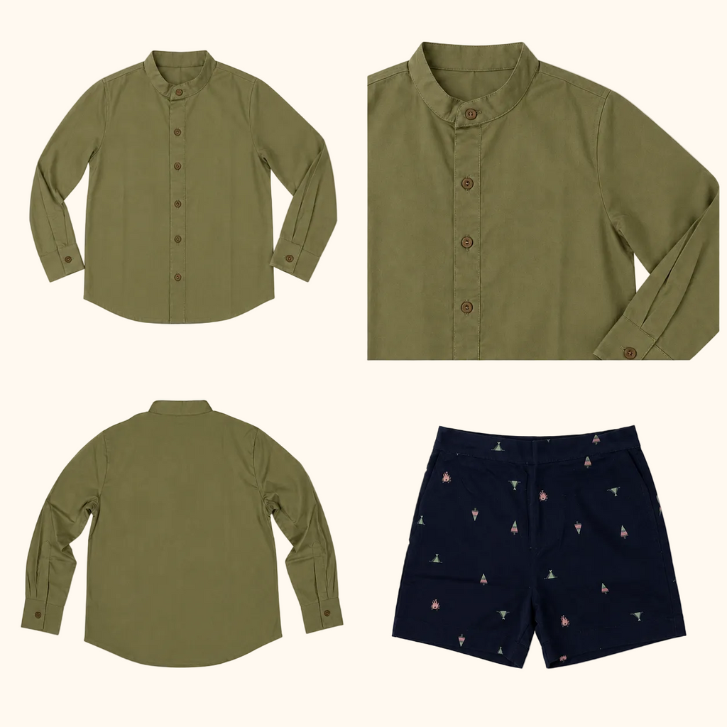Olive Green Shirt & Navy Nautical Print Shorts Set