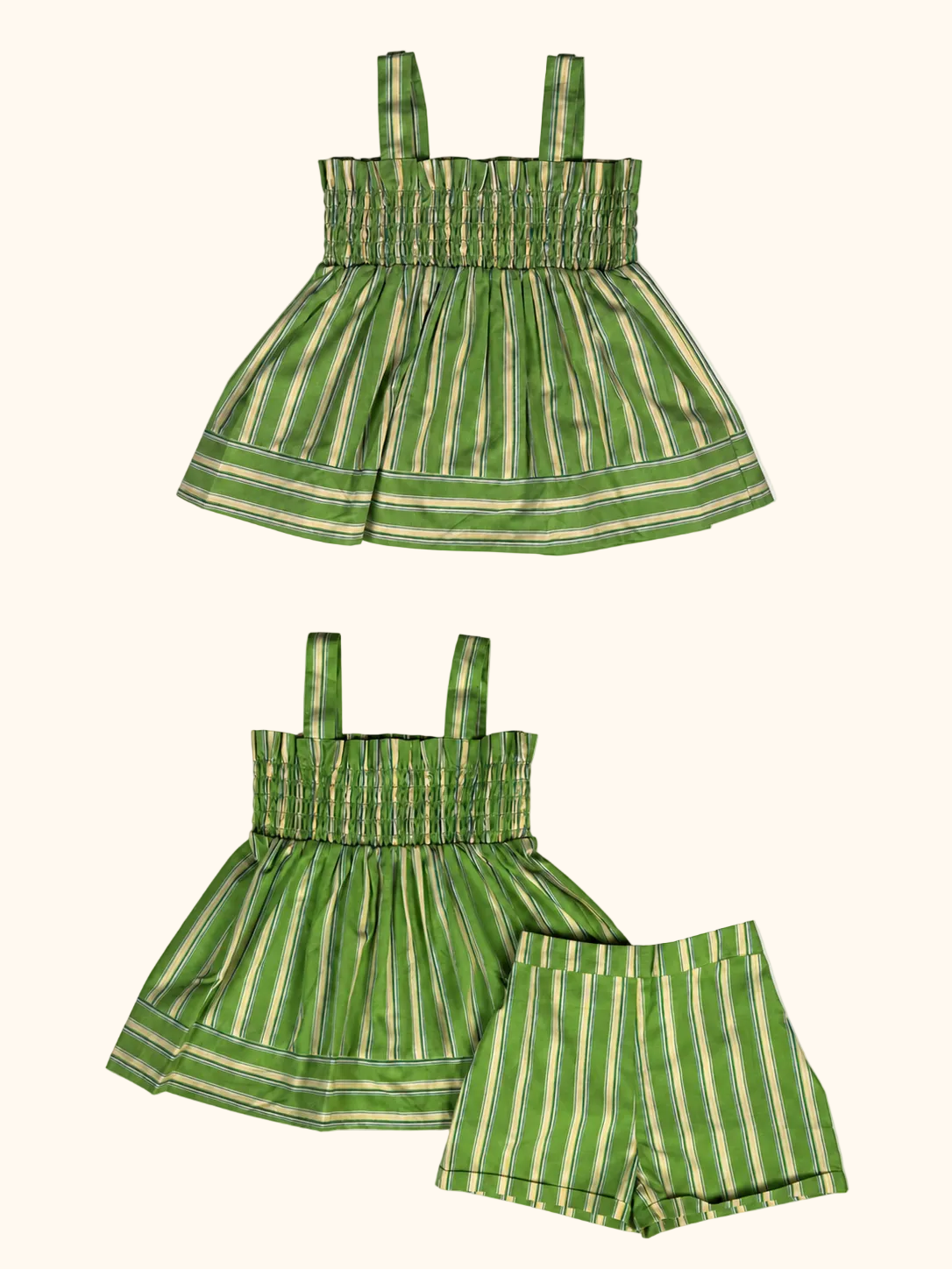 Green Striped Smocked Top & Shorts Set