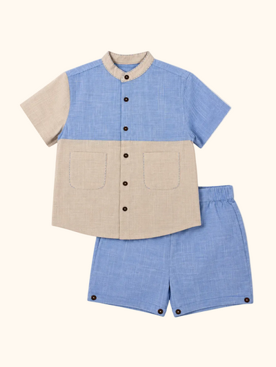 Blue & Beige Color-block Shirt & Shorts Set