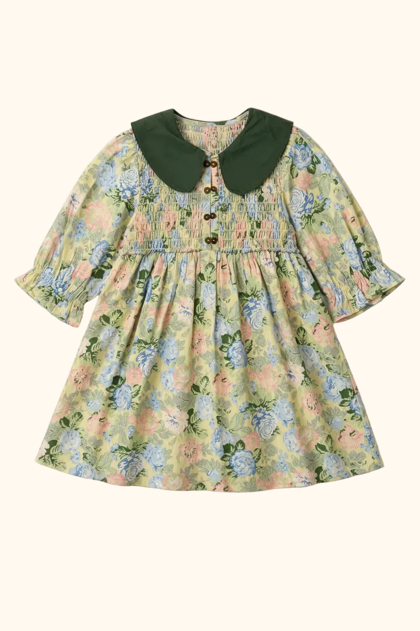 Floral Smocked Dress with Green Collar