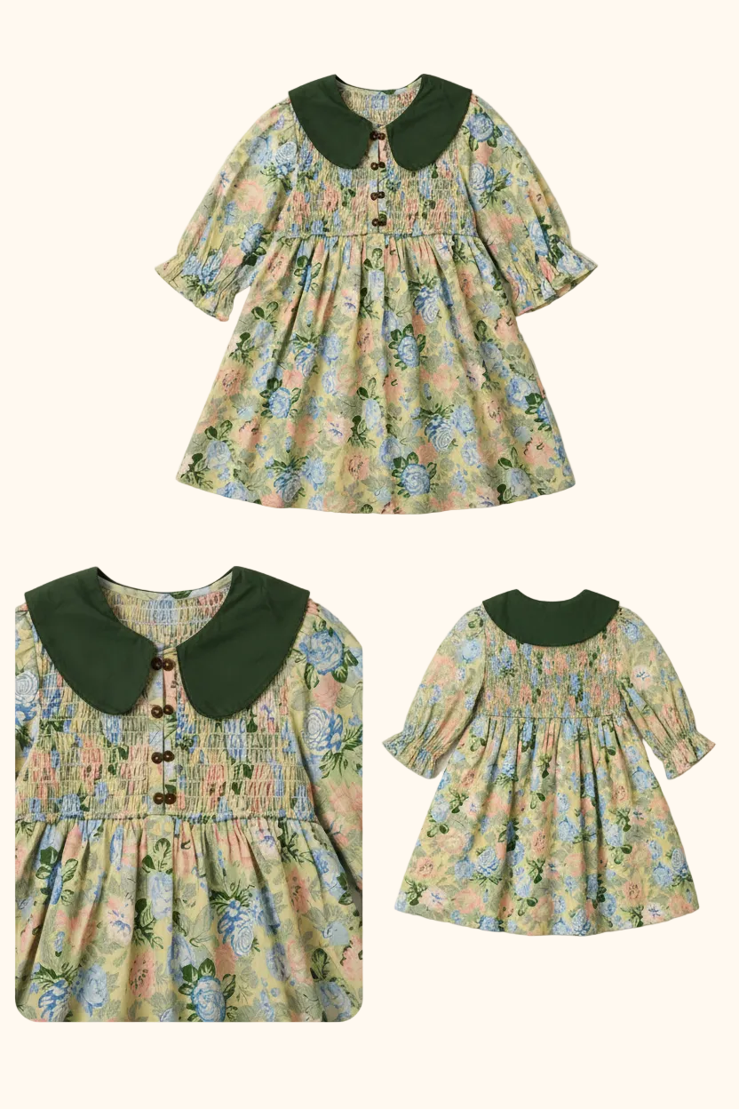 Floral Smocked Dress with Green Collar