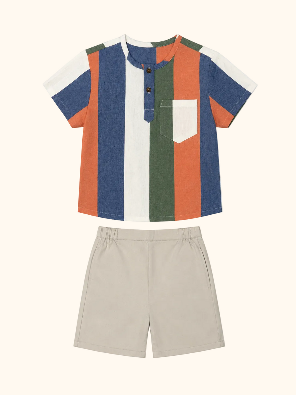 Colourblock Stripe Shirt & Beige Shorts Set