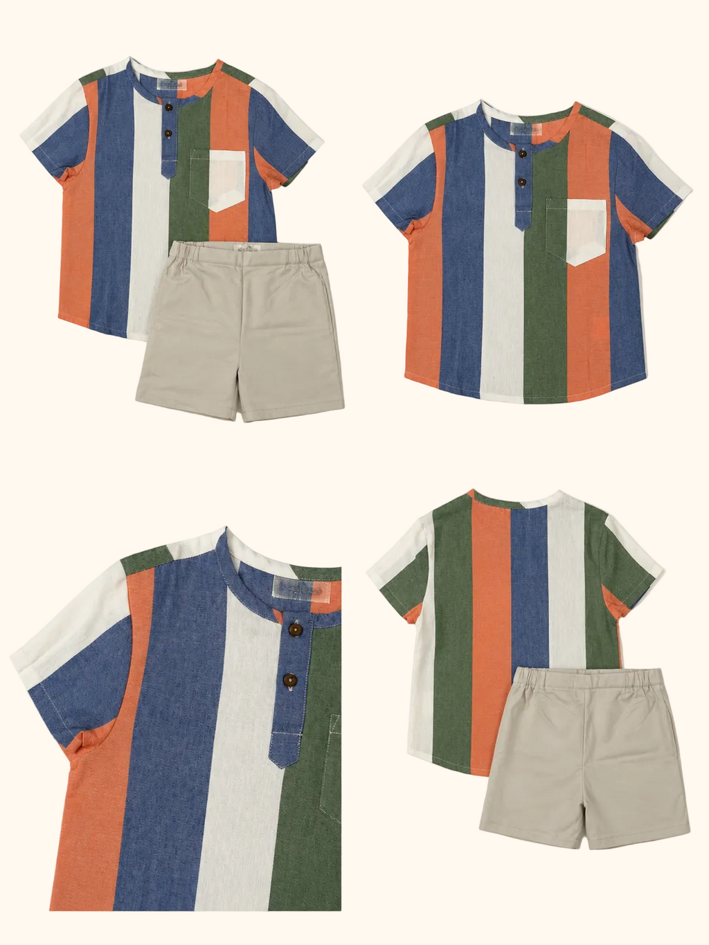 Colourblock Stripe Shirt & Beige Shorts Set