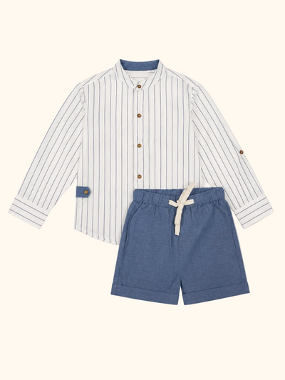 Blue Pinstripe Shirt & Shorts Set