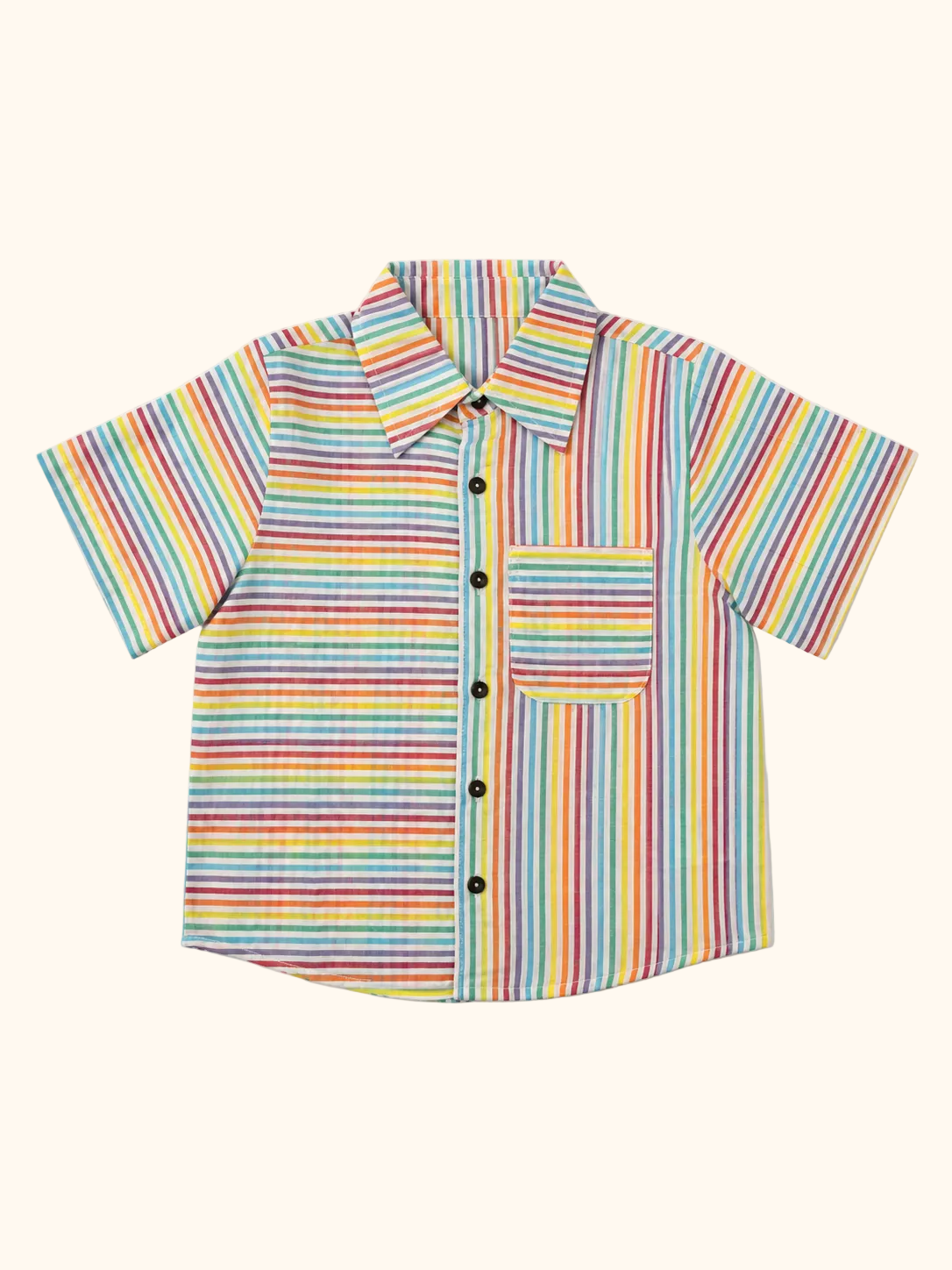 Rainbow Stripe Shirt & Beige Shorts Set
