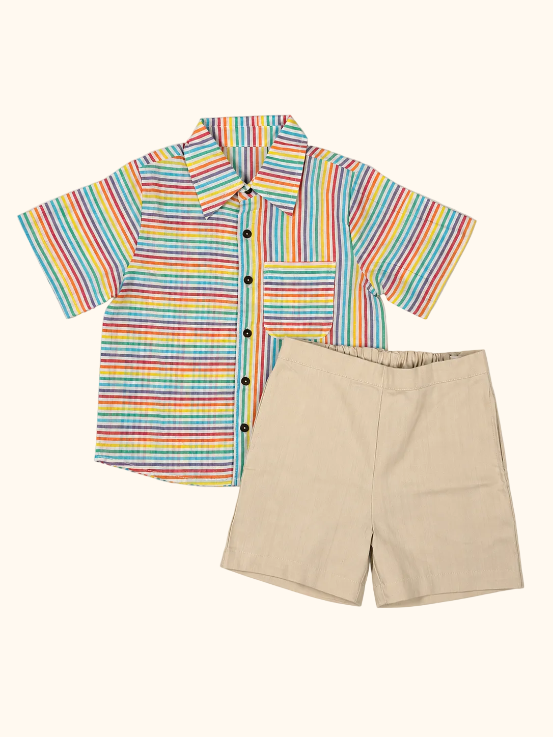 Rainbow Stripe Shirt & Beige Shorts Set