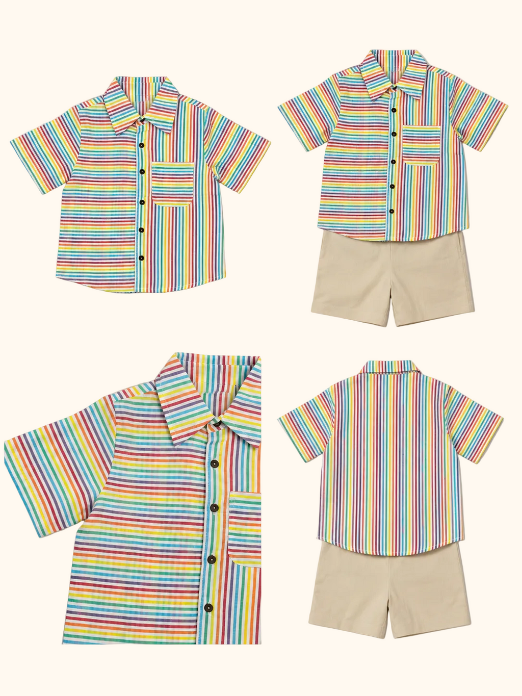 Rainbow Stripe Shirt & Beige Shorts Set