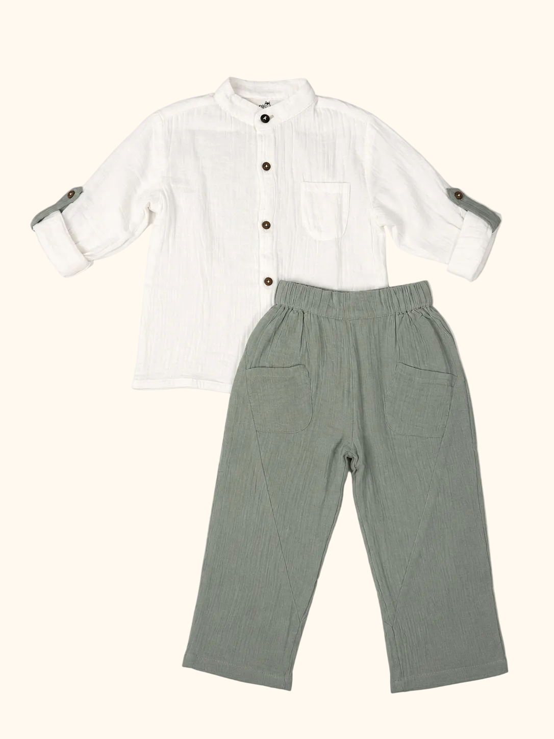 Muslin White Shirt & Sage Green Pants Set