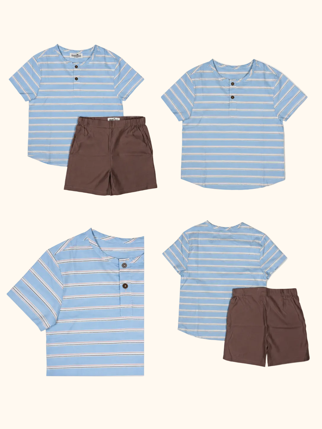 Sky Blue Stripe Shirt & Brown Shorts Set