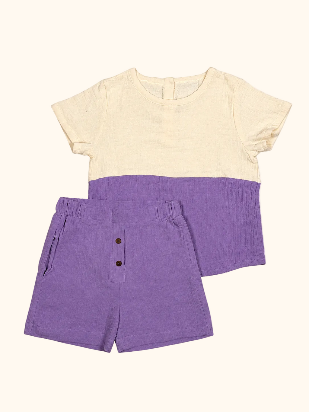 Muslin Ivory & Purple Color-block Tee & Shorts Set