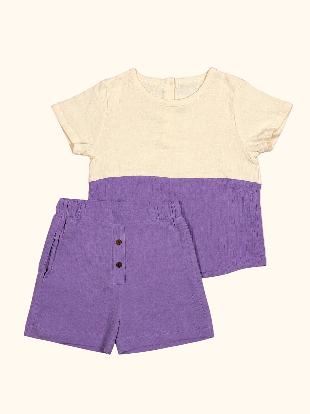 Muslin Ivory & Purple Color-block Tee & Shorts Set