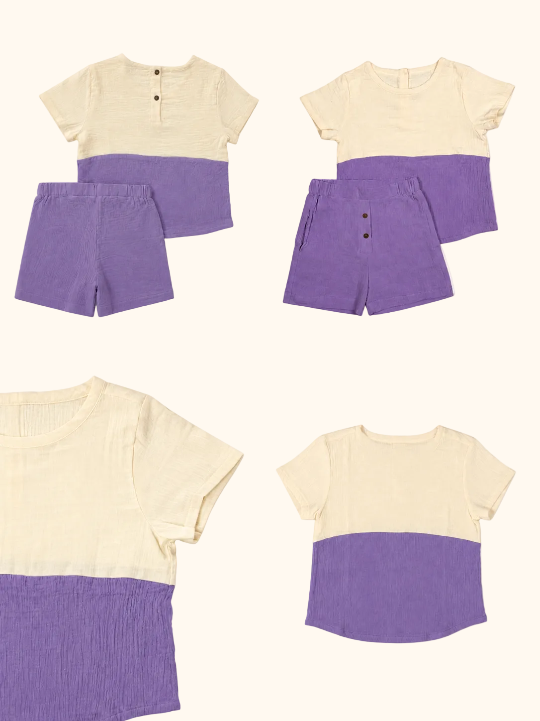 Muslin Ivory & Purple Color-block Tee & Shorts Set