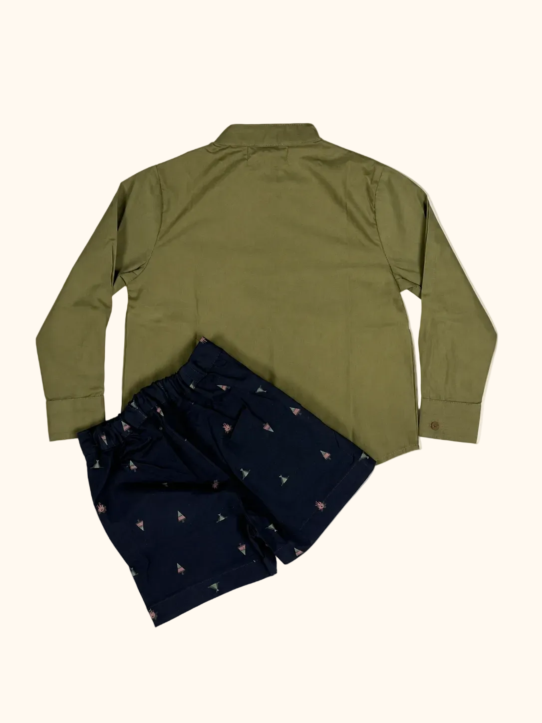 Olive Green Shirt & Navy Nautical Print Shorts Set