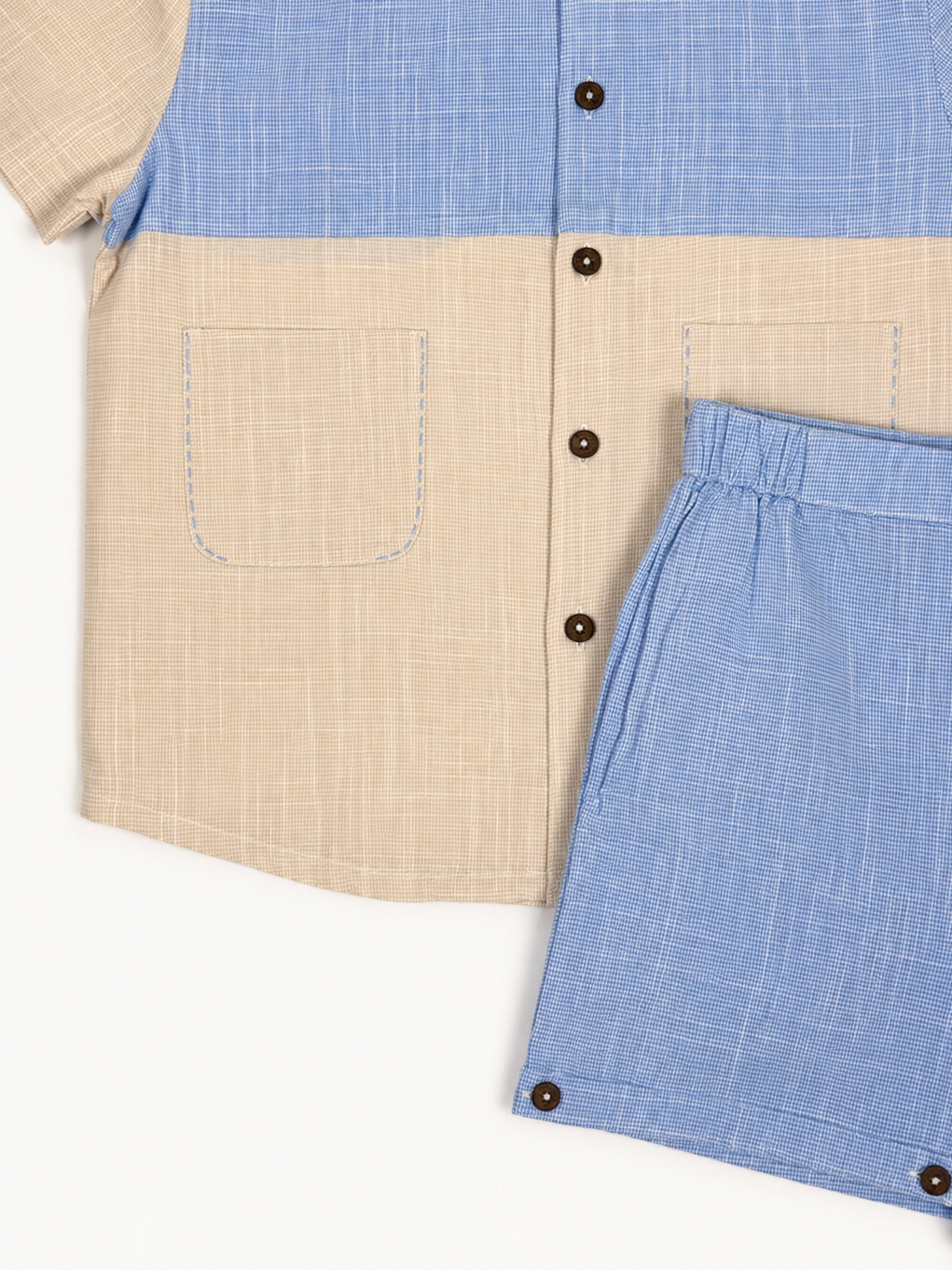 Blue & Beige Color-block Shirt & Shorts Set