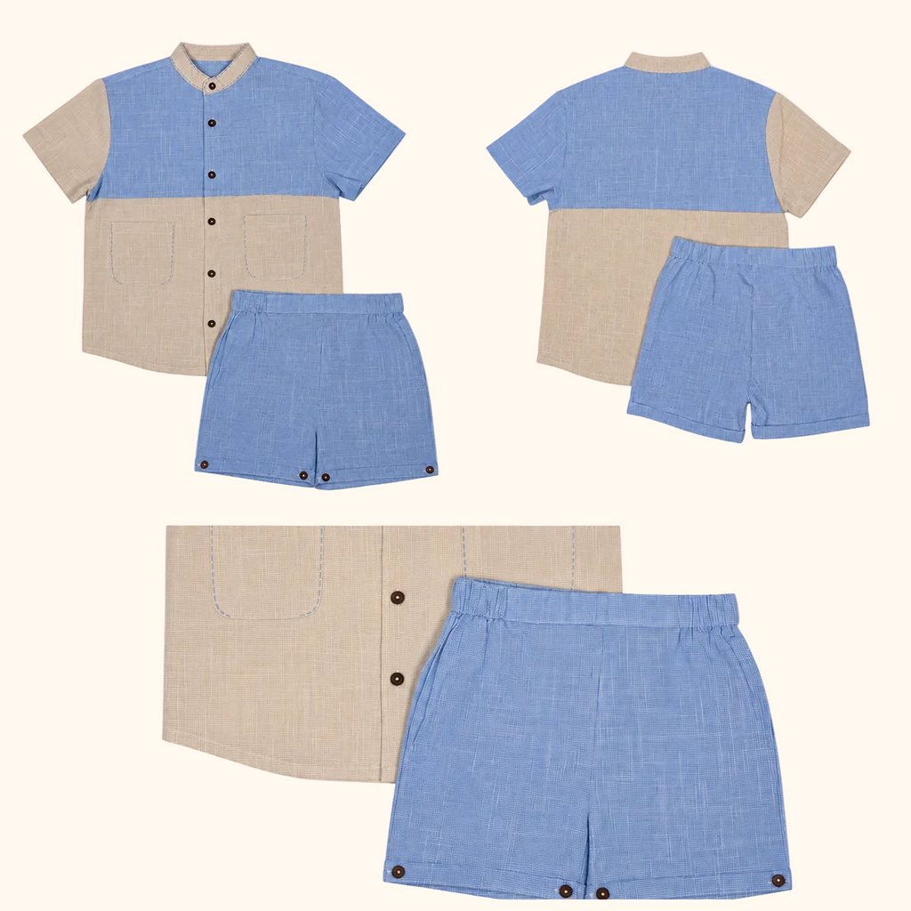 Blue & Beige Color-block Shirt & Shorts Set