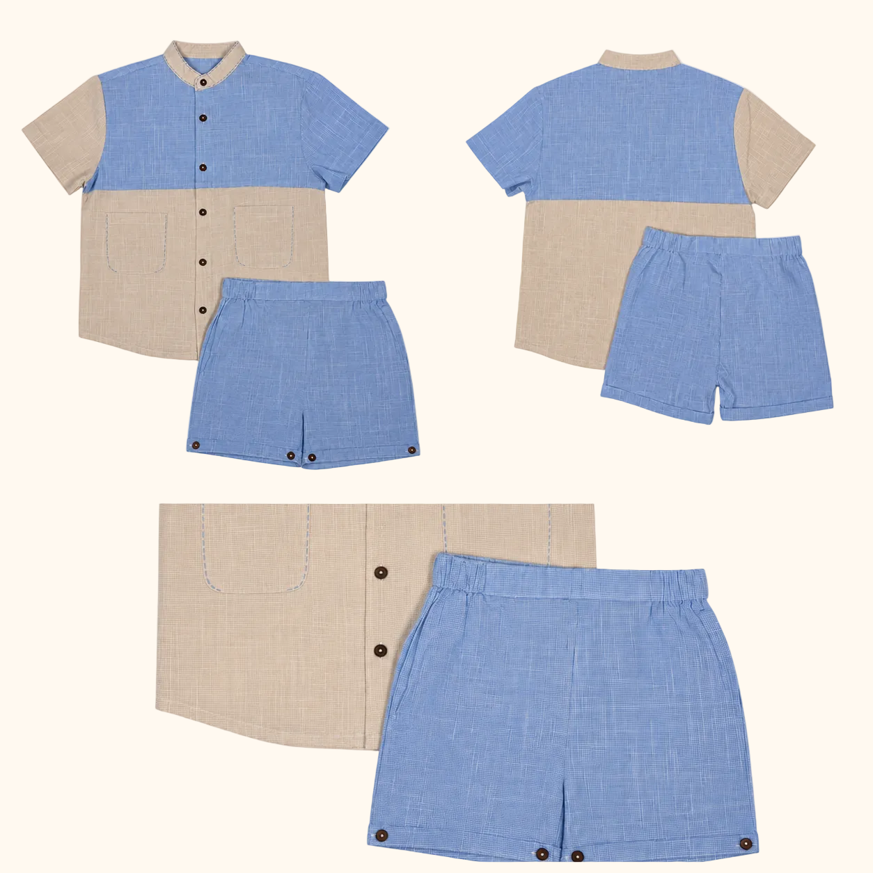 Blue & Beige Color-block Shirt & Shorts Set