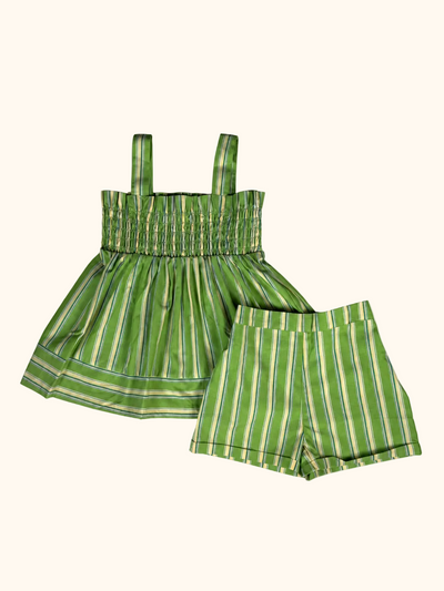 Green Striped Smocked Top & Shorts Set