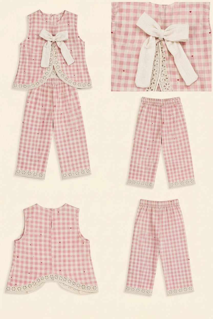 Cocolooms pink gingham two-piece set with ivory bow, red embroidery, and eyelet lace trim on top and trousers.