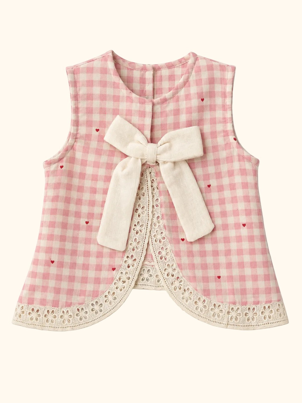 Cocolooms pink and white gingham sleeveless top with ivory bow, red heart embroidery, and eyelet lace trim.