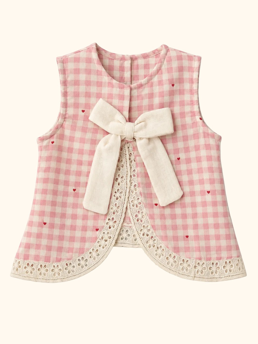 Cocolooms pink and white gingham sleeveless top with ivory bow, red heart embroidery, and eyelet lace trim.