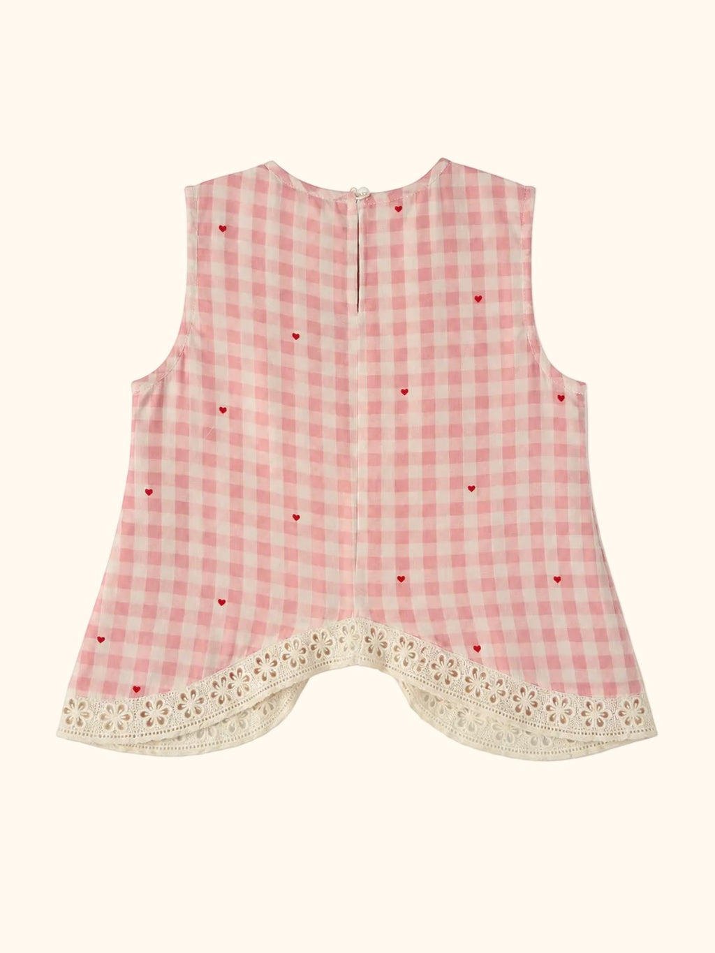 Cocolooms pink and white gingham sleeveless top with red heart embroidery and ivory eyelet lace trim, back view.