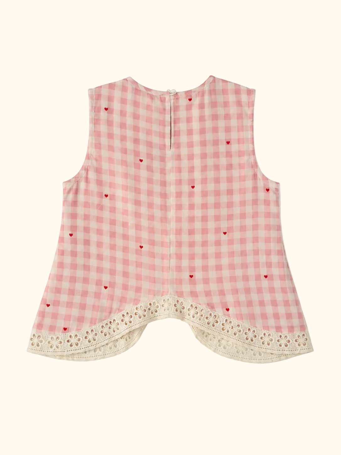 Cocolooms pink and white gingham sleeveless top with red heart embroidery and ivory eyelet lace trim, back view.