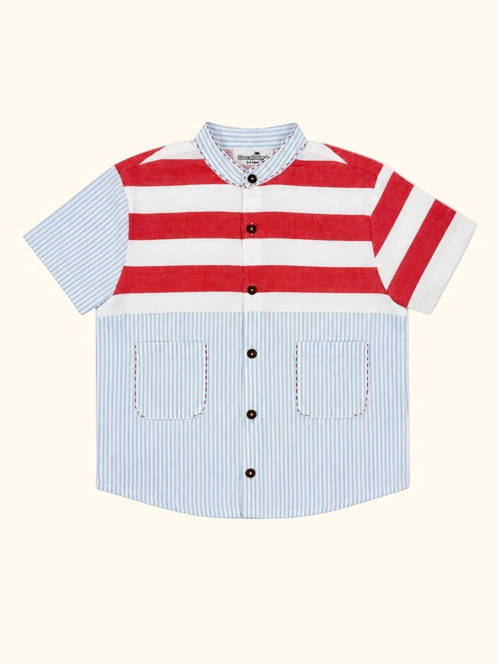 Cocolooms short-sleeve shirt with red and cream horizontal stripes and light blue pinstripes with two chest pockets.