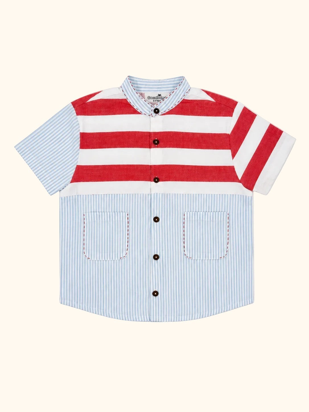 Cocolooms short-sleeve shirt with red and cream horizontal stripes and light blue pinstripes with two chest pockets.