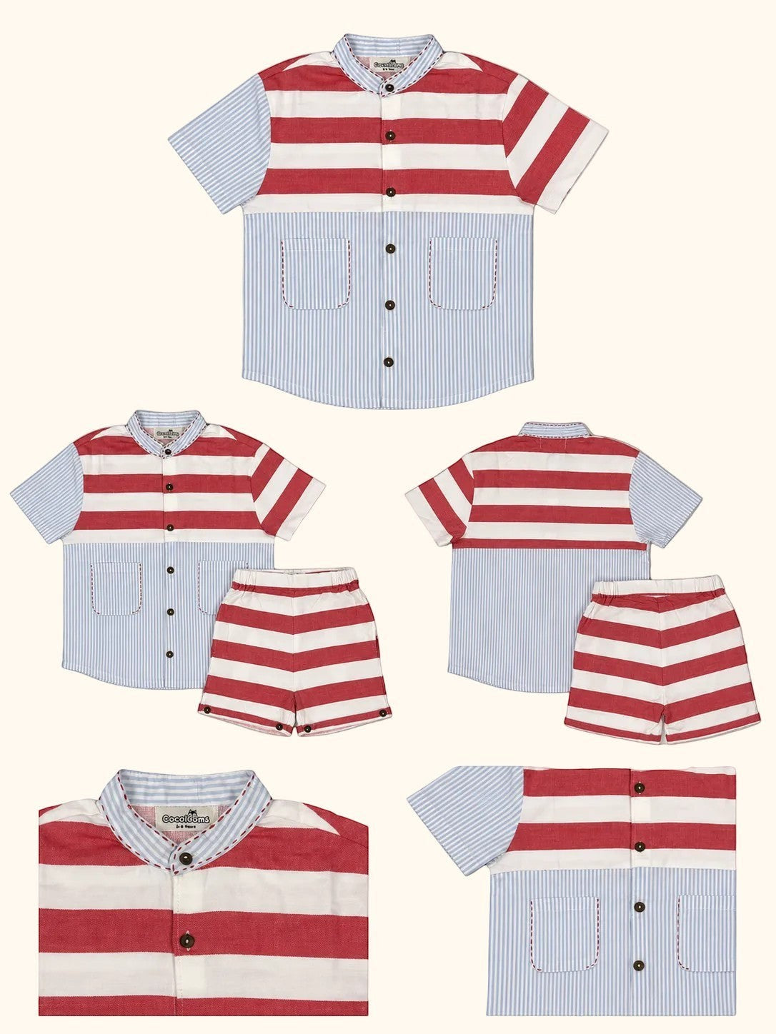 Cocolooms two-piece nautical summer set with red, cream, and blue striped shirt and matching striped shorts.