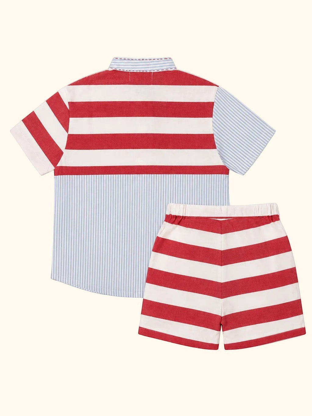Cocolooms two-piece summer set featuring a red and blue striped shirt and matching striped shorts for children.