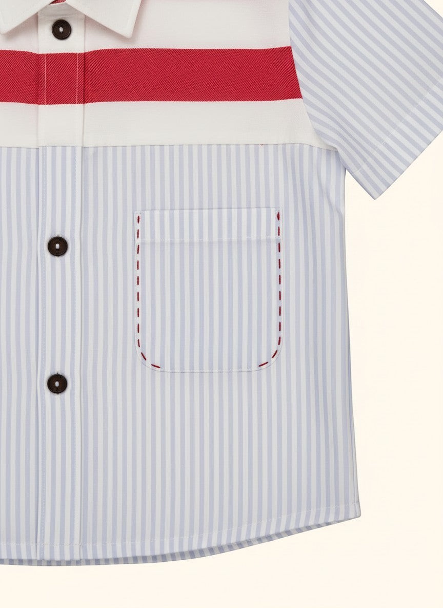 Cocolooms summer shirt with red and cream horizontal stripes, light blue pinstripes, and red stitched chest pocket.