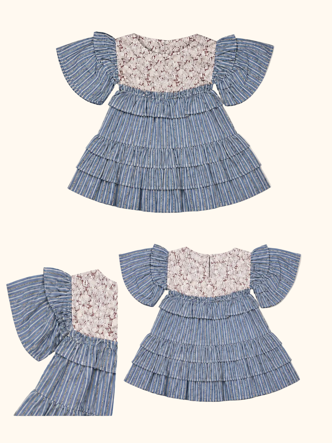 Charming Blue Striped Tiered Dress with Floral Yoke