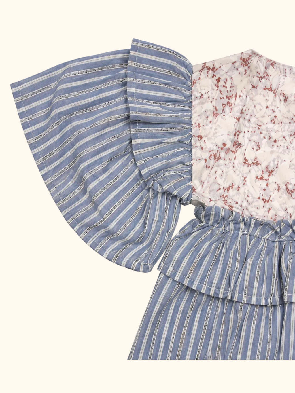 Charming Blue Striped Tiered Dress with Floral Yoke