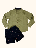 Olive Green Shirt & Navy Nautical Print Shorts Set