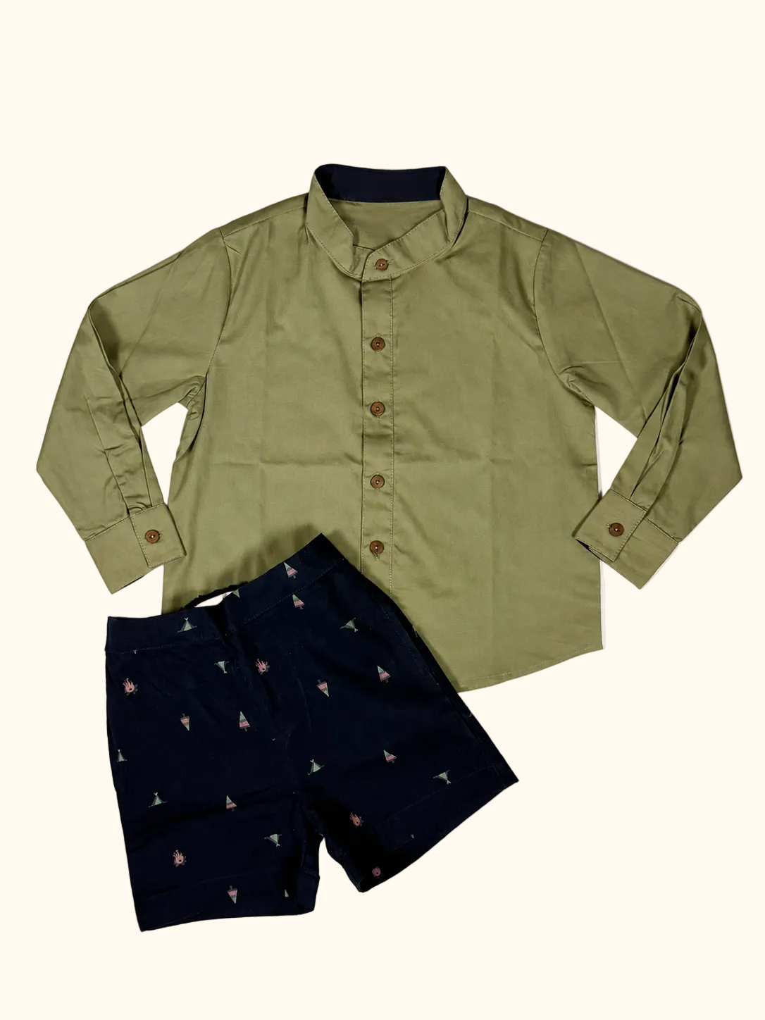 Olive Green Shirt & Navy Nautical Print Shorts Set